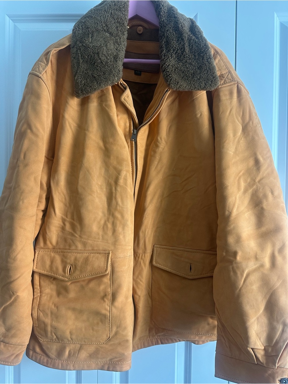 Timberland Tan Leather Field Jacket with Dark Brown Shearling Collar